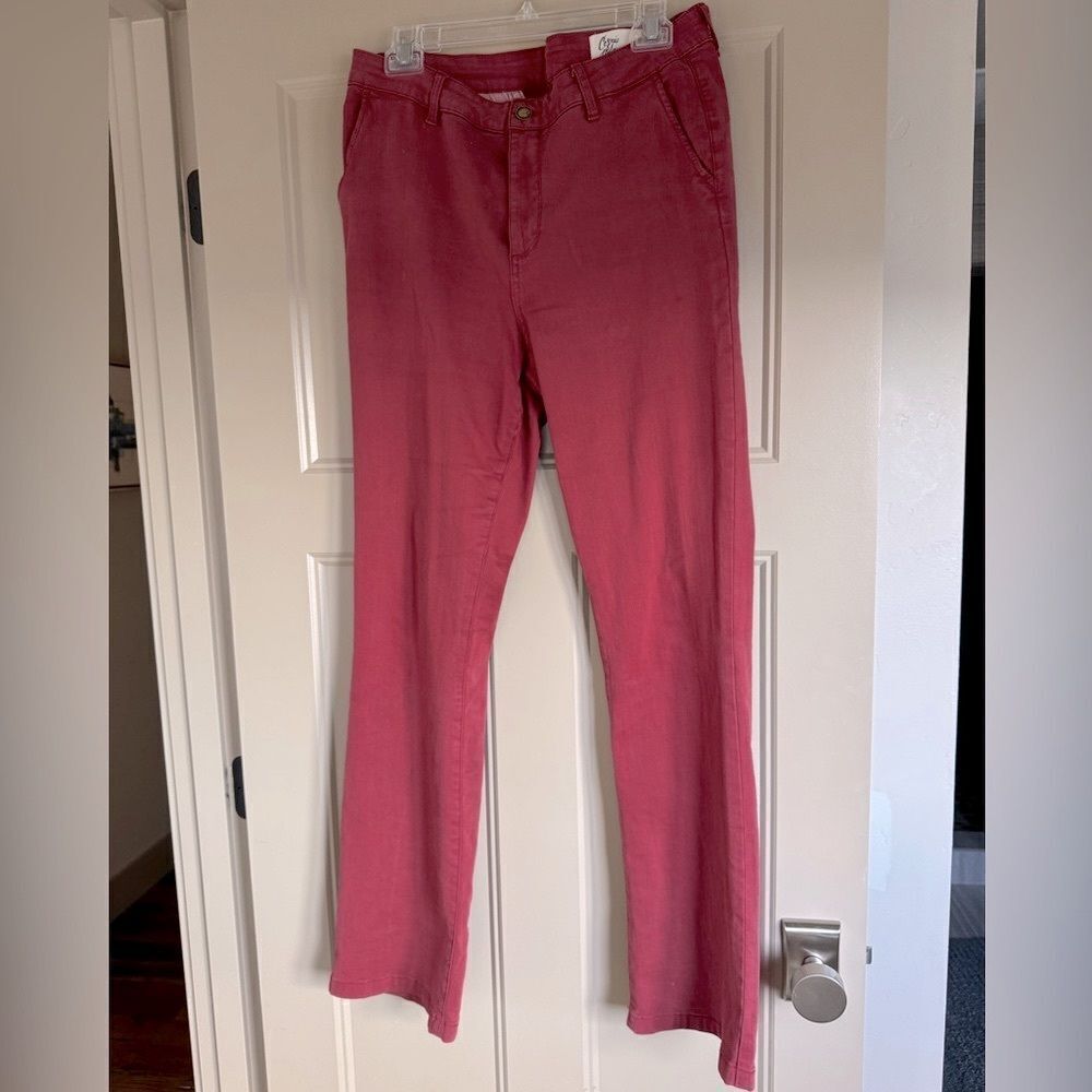 Cosmic Blue Love, rust colored bootleg pants, Size 30.